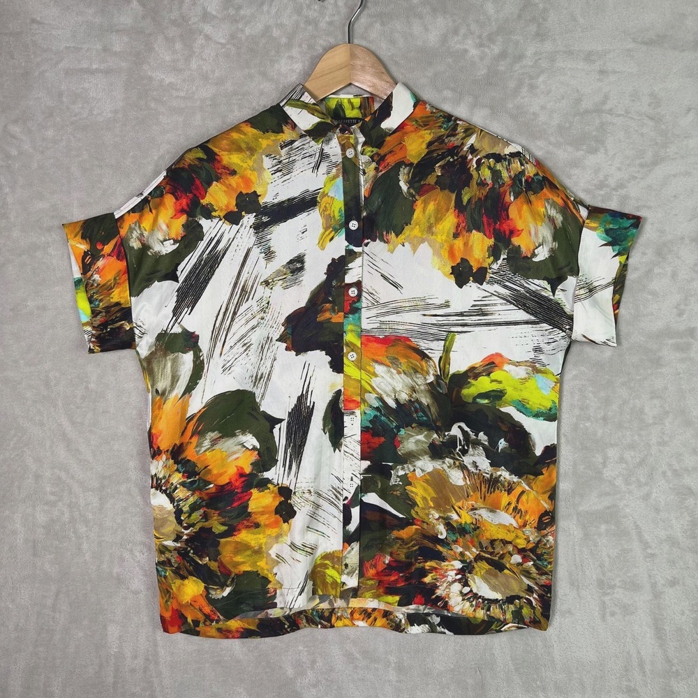 Lafayette 148 New York Size P Silk Abstract Floral Button Up Blouse Women's
